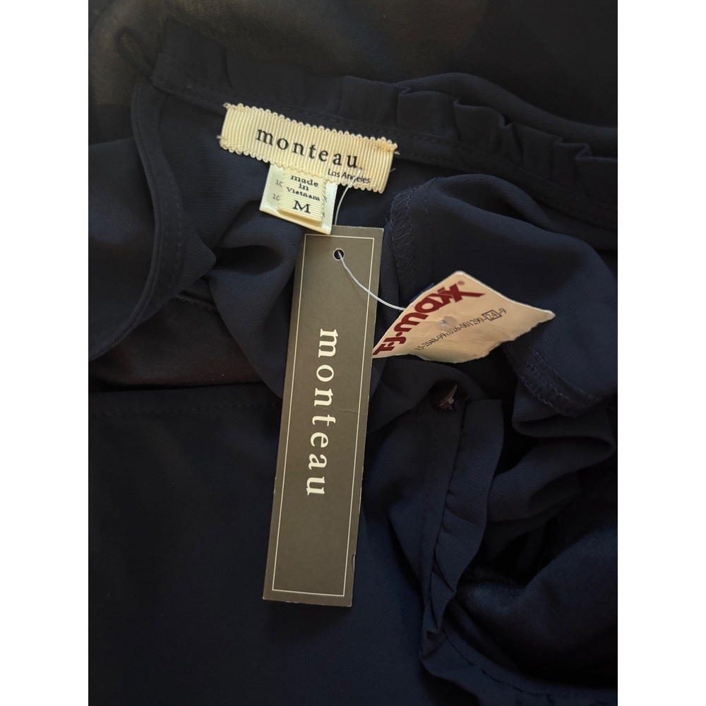 NWT Monteau Navy Blue Chiffon Tunic Blouse Medium Ruffle Neck Sheer - Picture 2 of 11